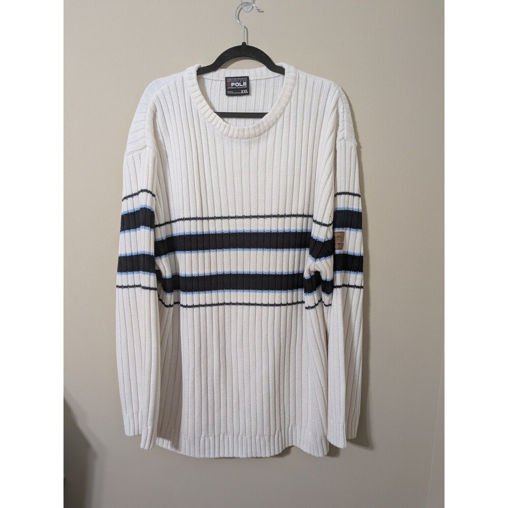Vintage Southpole Striped Ribbed Knit Sweater Mens XXL White Blue Crewneck Y2K